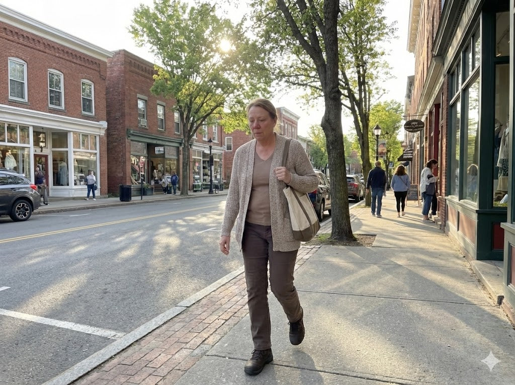 Middle-aged mom frozen in a grocery store aisle, gripping her cart as sudden nerve pain shoots through her feet.