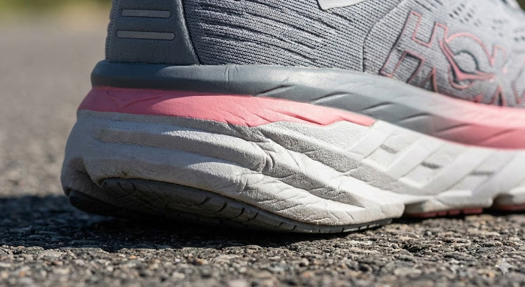 Thumb pressing deep into a soft foam sneaker sole, showing how unstable and collapsed it becomes.