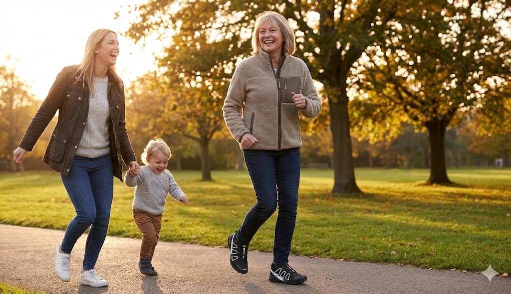 Middle-aged mom walking more comfortably in the park with her daughter, wearing supportive, foot-shaped sneakers.