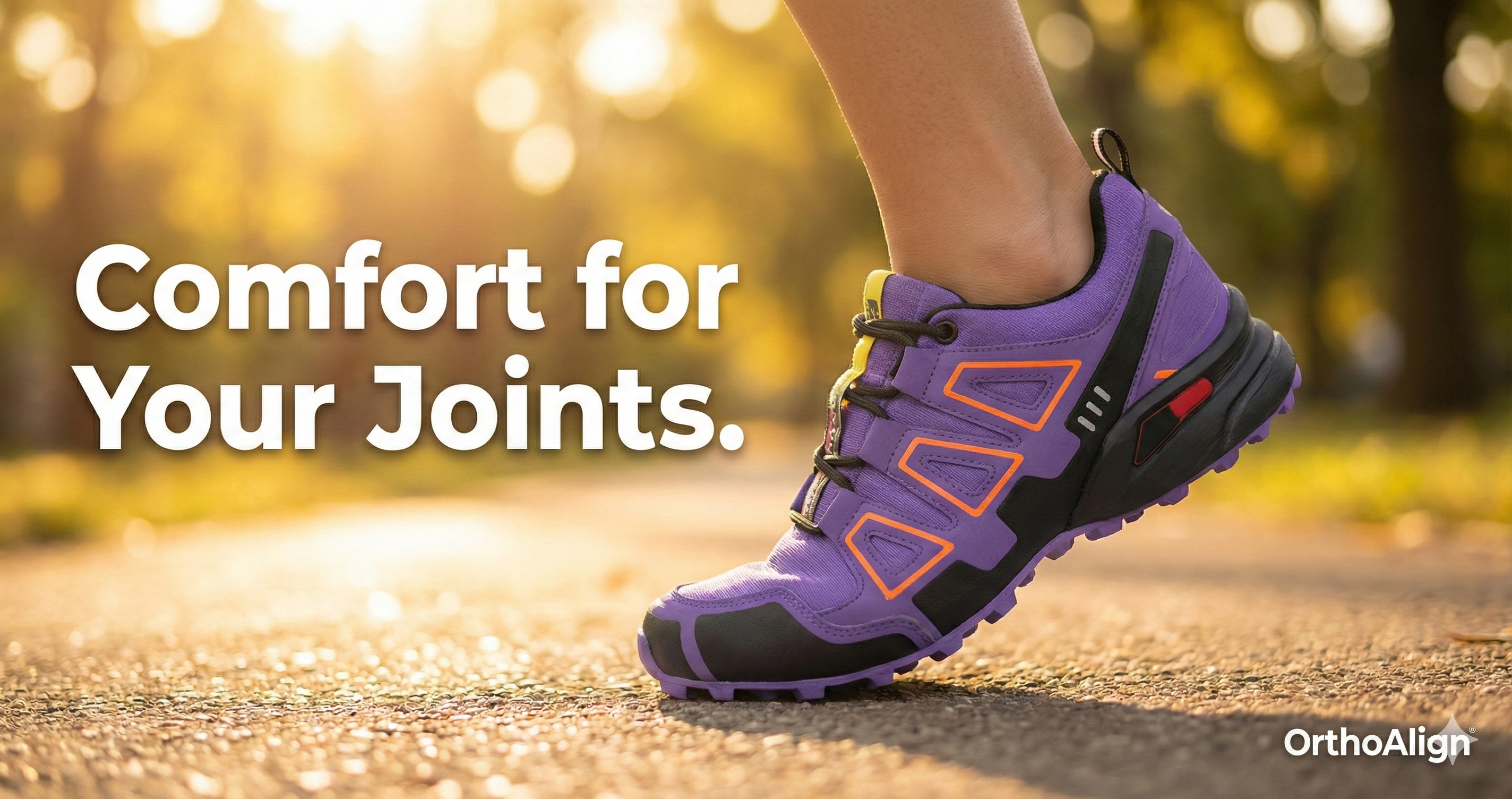 Two pairs of OrthoAlign foot-shaped sneakers side by side, showing the wide toe box and supportive sole.