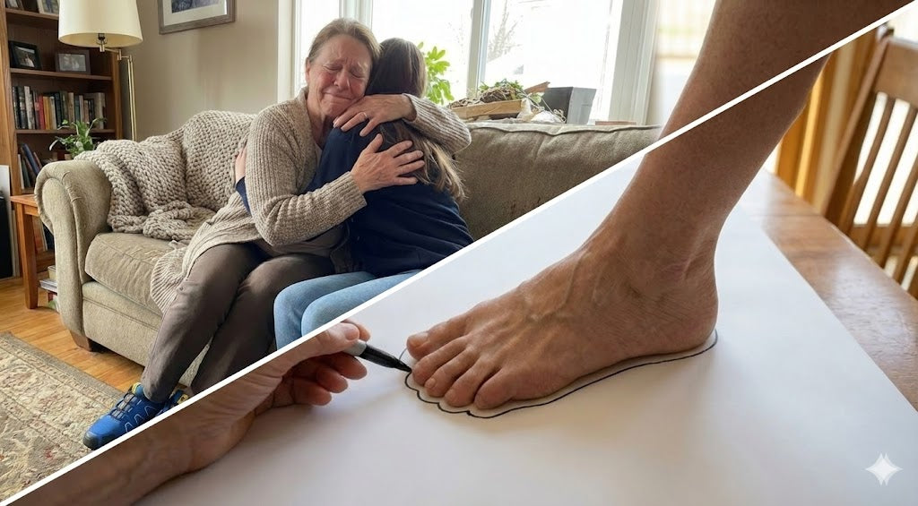 Middle-aged woman sitting at home, looking at her everyday sneakers, realizing they may be aggravating her nerve pain.